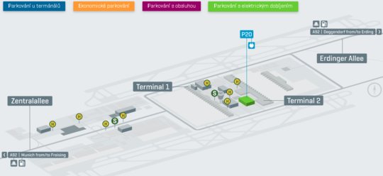 Parkování s elektrickým dobíjením letiště Mnichov